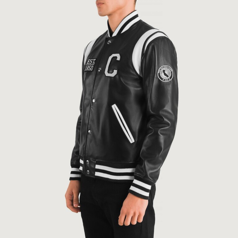 Mens Liberte California Black Leather Varsity Jacket Side Pose-3-1704192924019